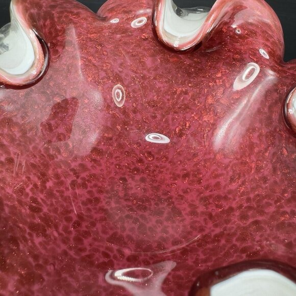 Venetian Murano Glass Folded Edges Ashtray Dish Bowl White Magenta Center Italy - Picture 8 of 16